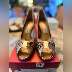 Salvatore Ferragamo Tiberia Bronze Reptile Peep Toe Heel